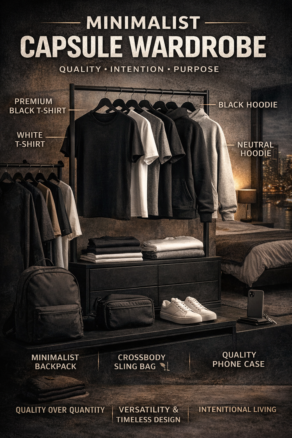 Minimalist capsule wardrobe featuring premium black and white t-shirts, neutral hoodies, and essential accessories, representing intentional living, quality over quantity, and timeless minimalist streetwear.
