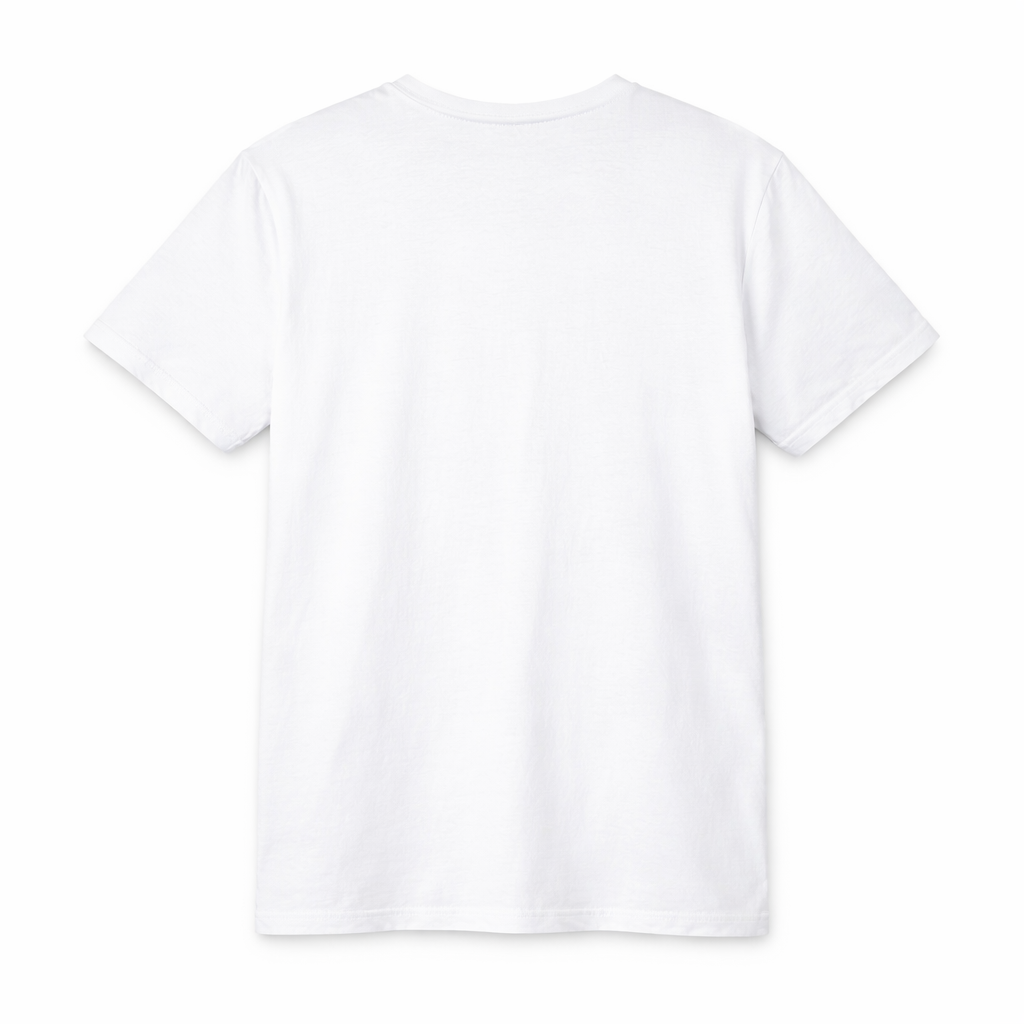 Back view of white minimalist men’s t-shirt with clean design and no graphics