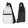 PurposeDriven™ minimalist white sling backpack shown from front and side with adjustable black strap and clean modern design