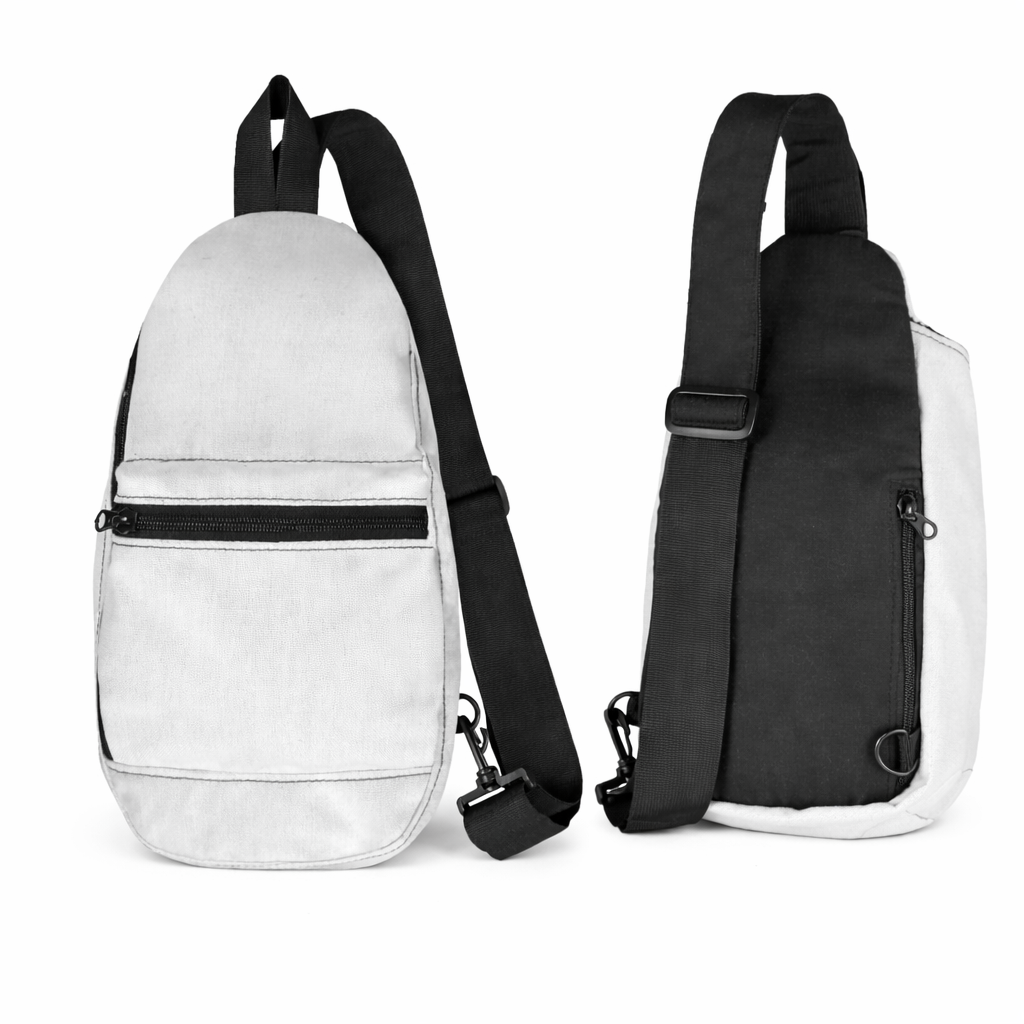 PurposeDriven™ minimalist white sling backpack shown from front and side with adjustable black strap and clean modern design
