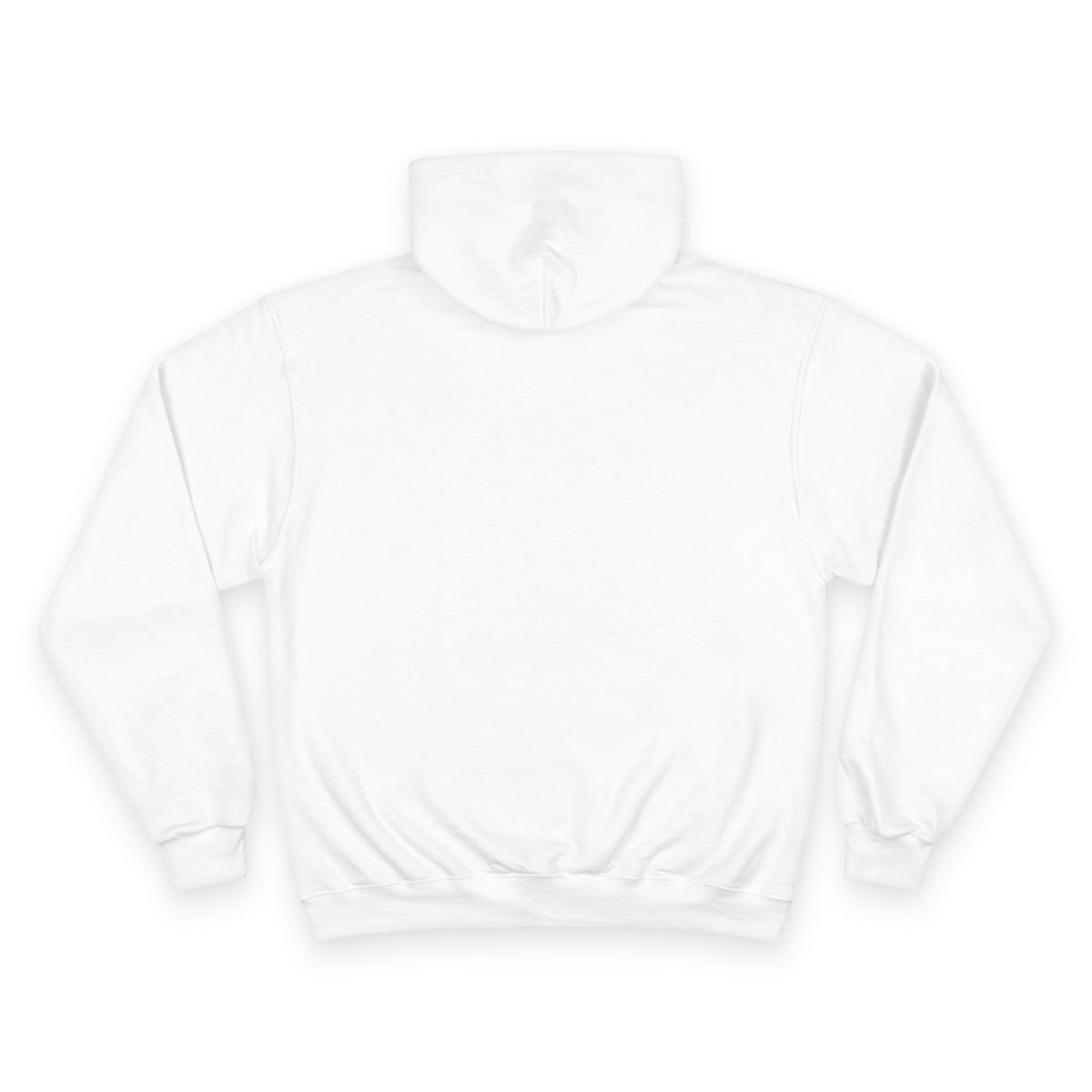 Back view of men’s white minimalist hoodie, clean motivational streetwear design on white background