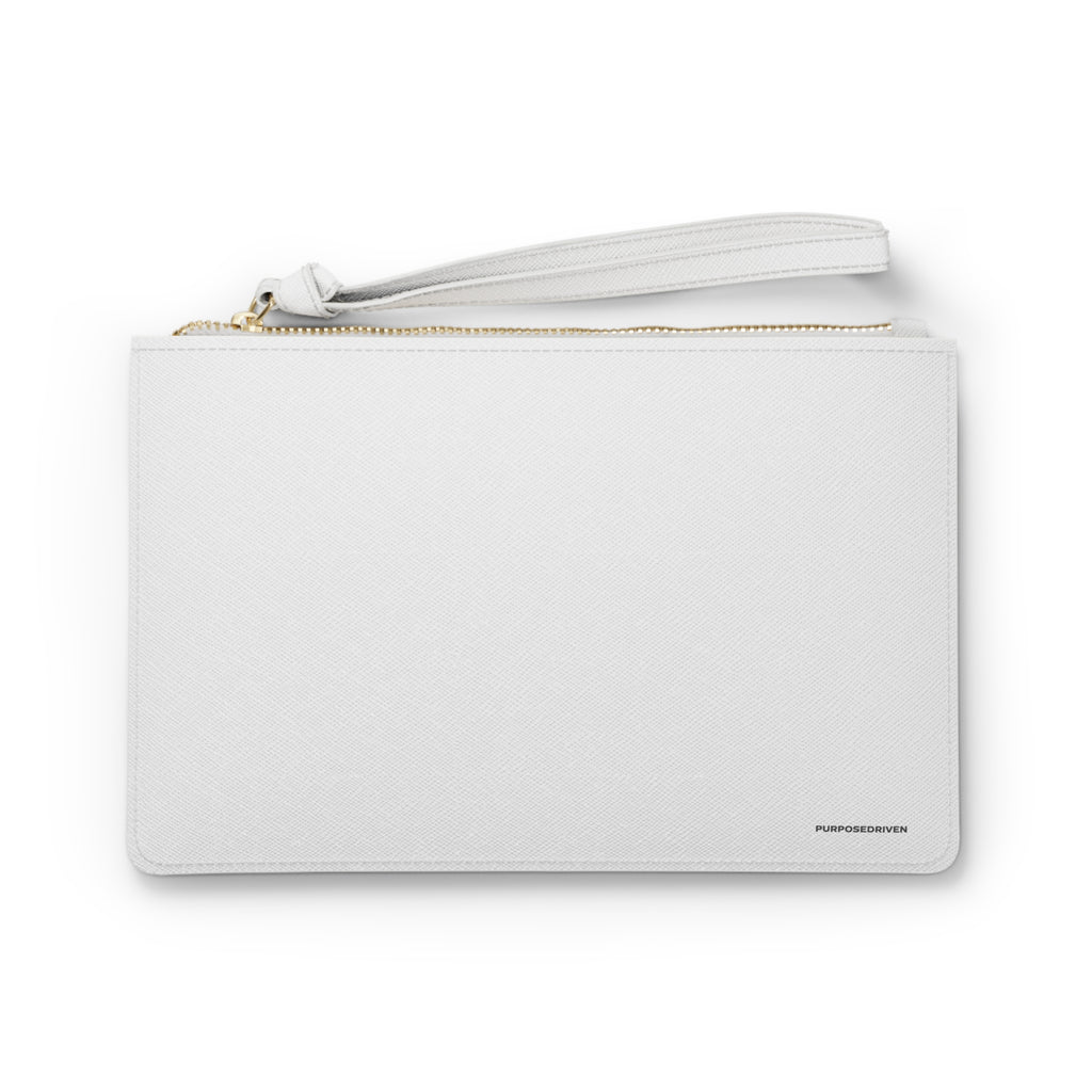 PurposeDriven™ minimalist white wristlet clutch with gold zipper and clean modern design on white background