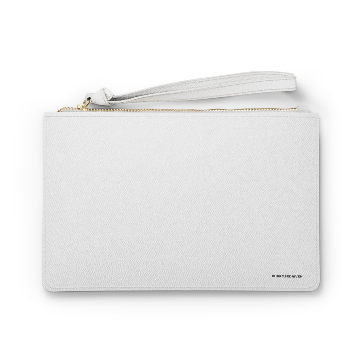 PurposeDriven™ minimalist white wristlet clutch with gold zipper and clean modern design on white background