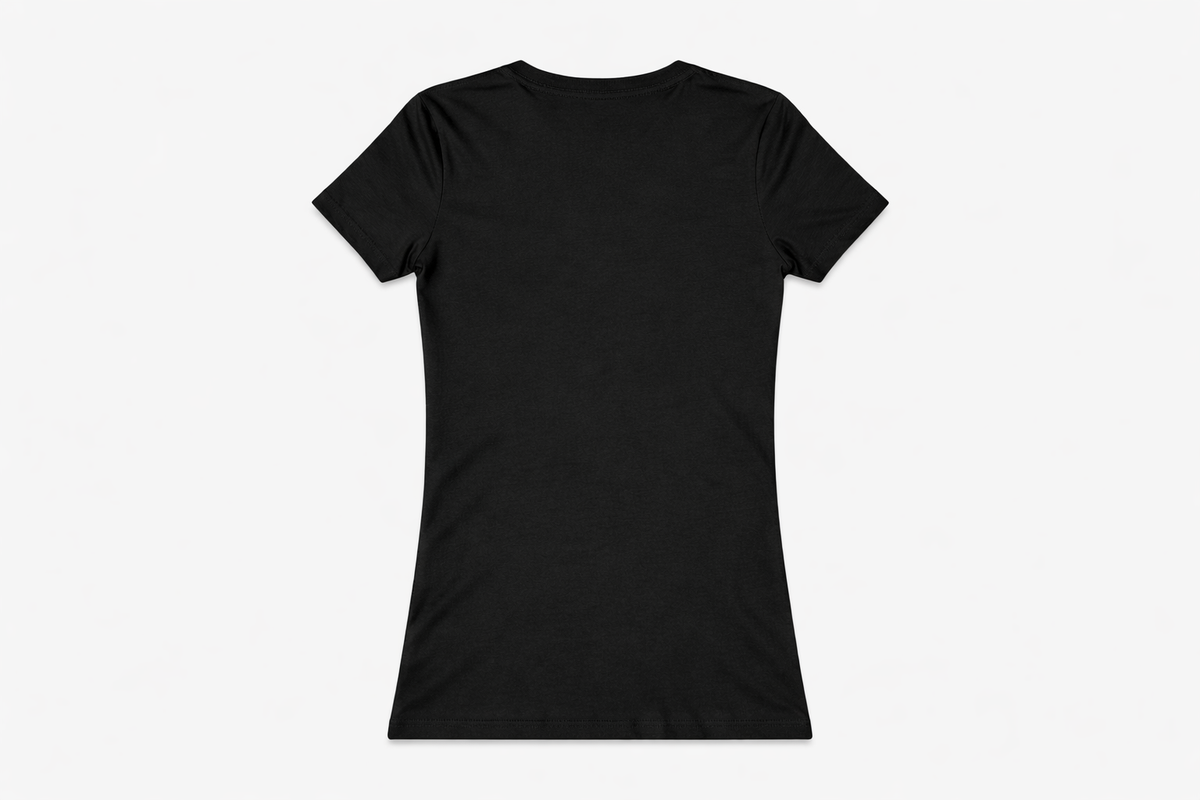 ack view of a black women’s premium cotton t-shirt on a white background, featuring a fitted silhouette with a smooth, minimalist design