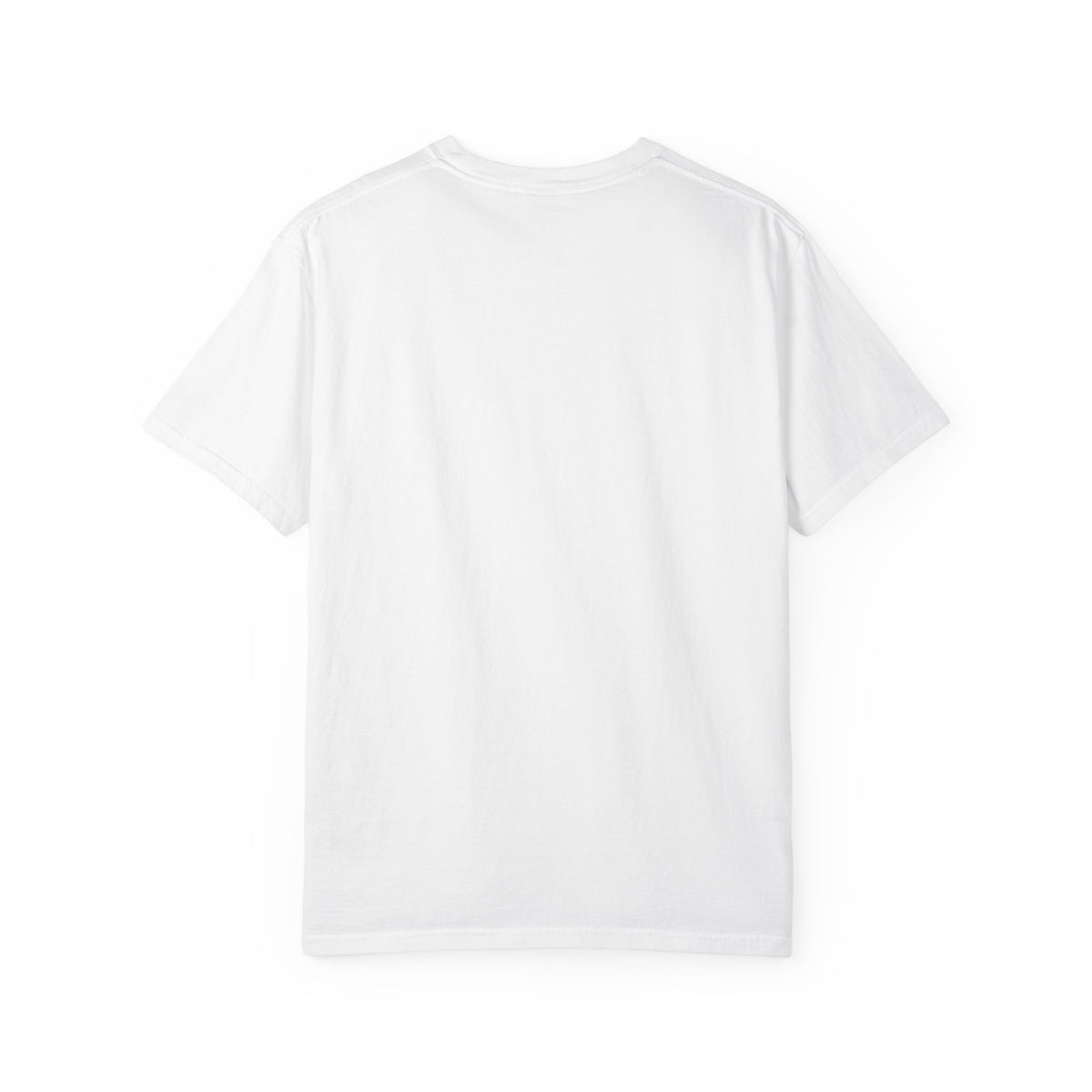 Back view of men’s white minimalist t-shirt, clean motivational streetwear design on white background