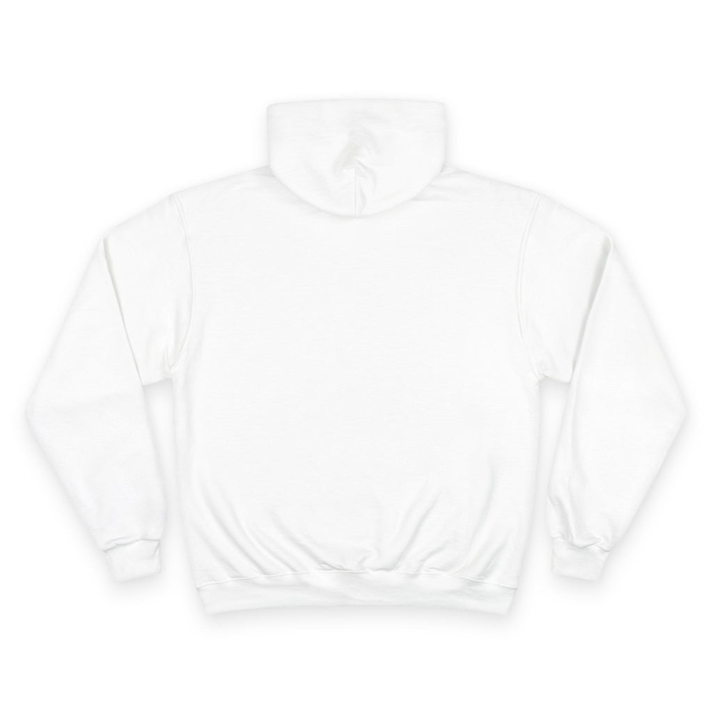 Back view of women’s white minimalist hoodie, clean motivational streetwear design on neutral background