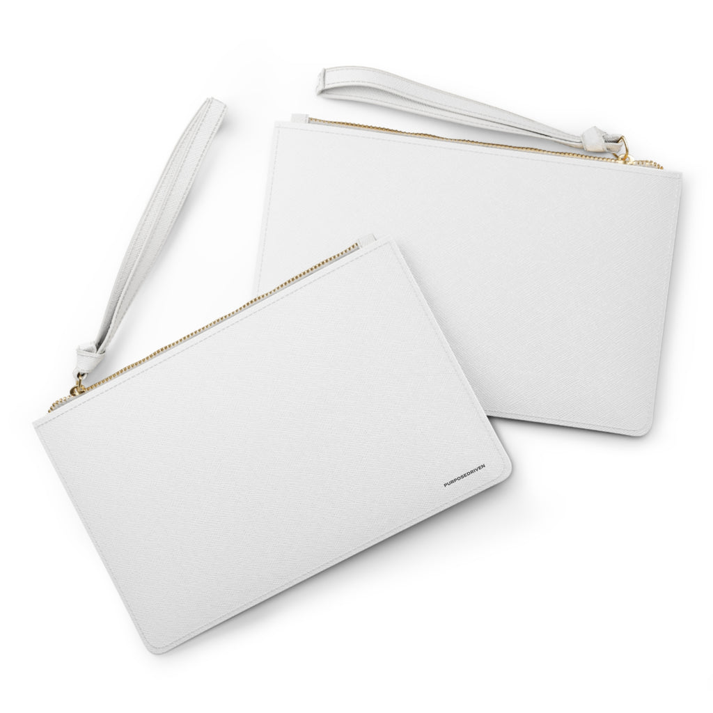 Front and back view of PurposeDriven™ minimalist white wristlet clutch with zip closure and clean modern design