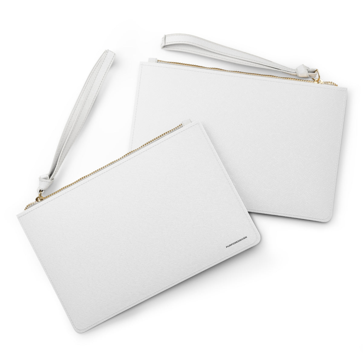Front and back view of PurposeDriven™ minimalist white wristlet clutch with zip closure and clean modern design