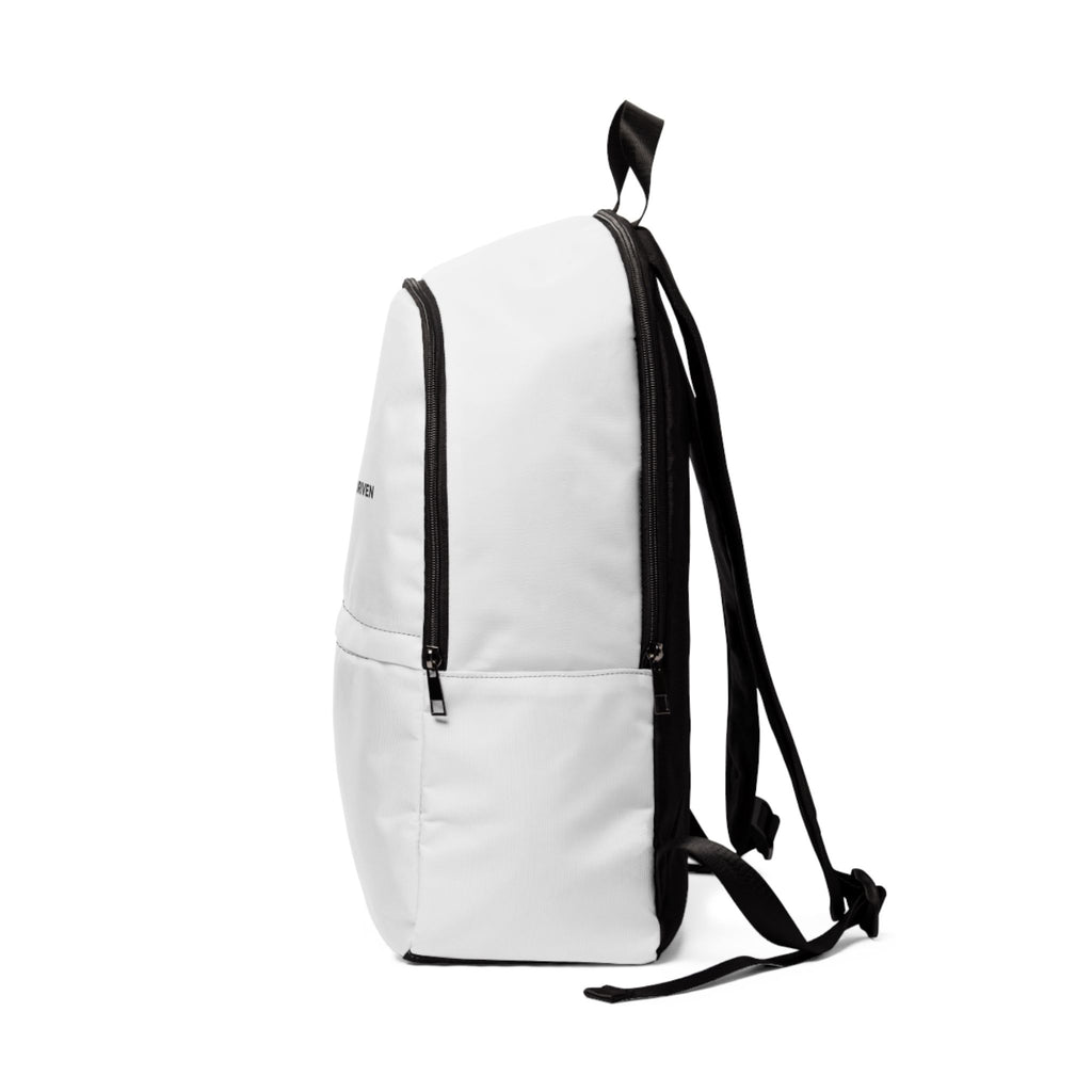Opposite side view of PurposeDriven™ minimalist white backpack showing structured shape and everyday carry design