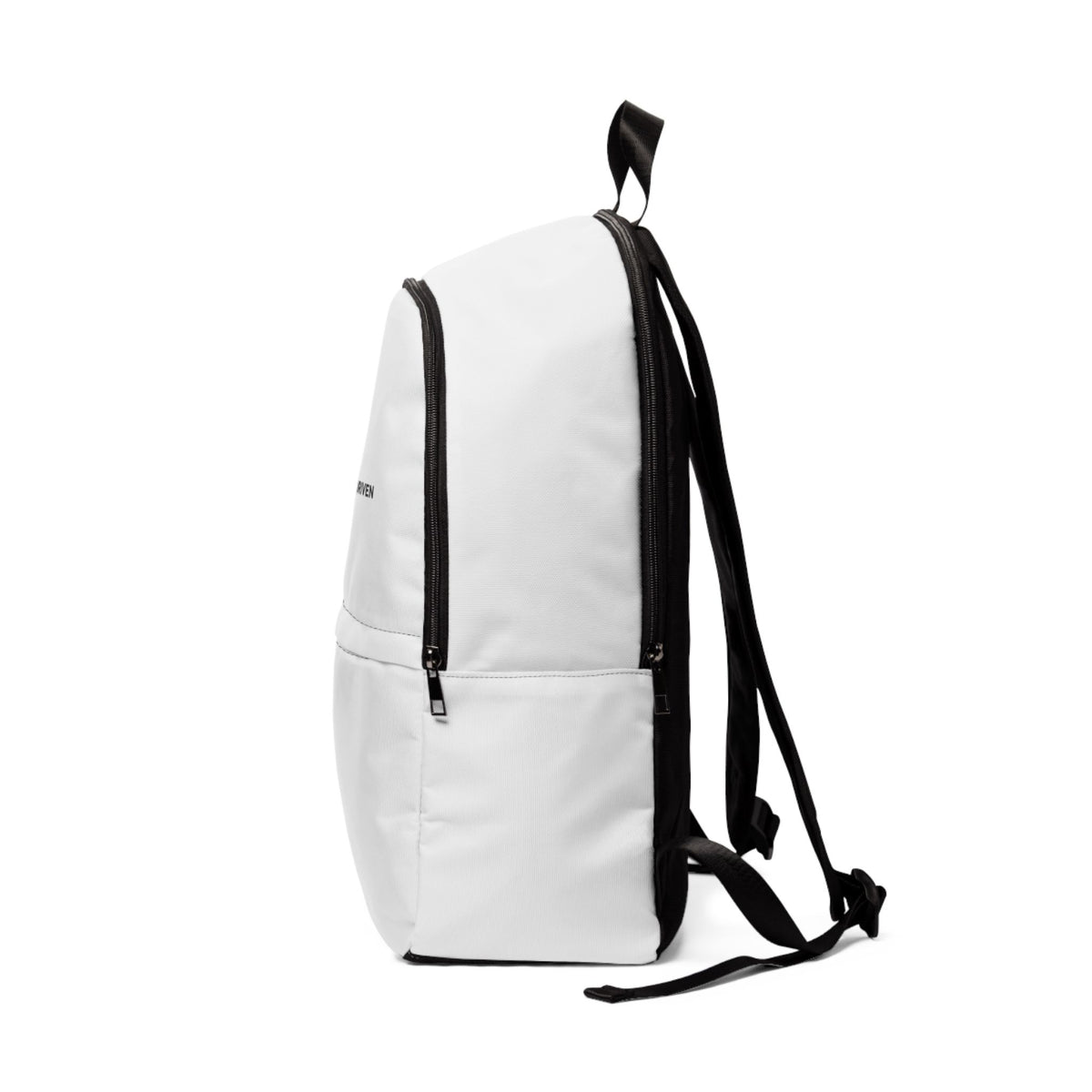 Opposite side view of PurposeDriven™ minimalist white backpack showing structured shape and everyday carry design