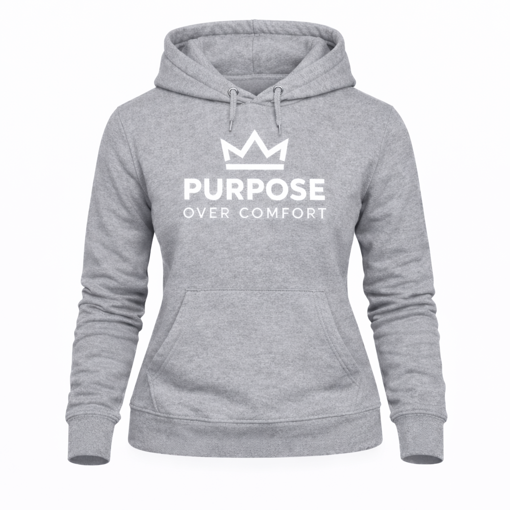 Women’s grey Purpose Over Comfort graphic hoodie with crown logo, premium fleece motivational streetwear pullover