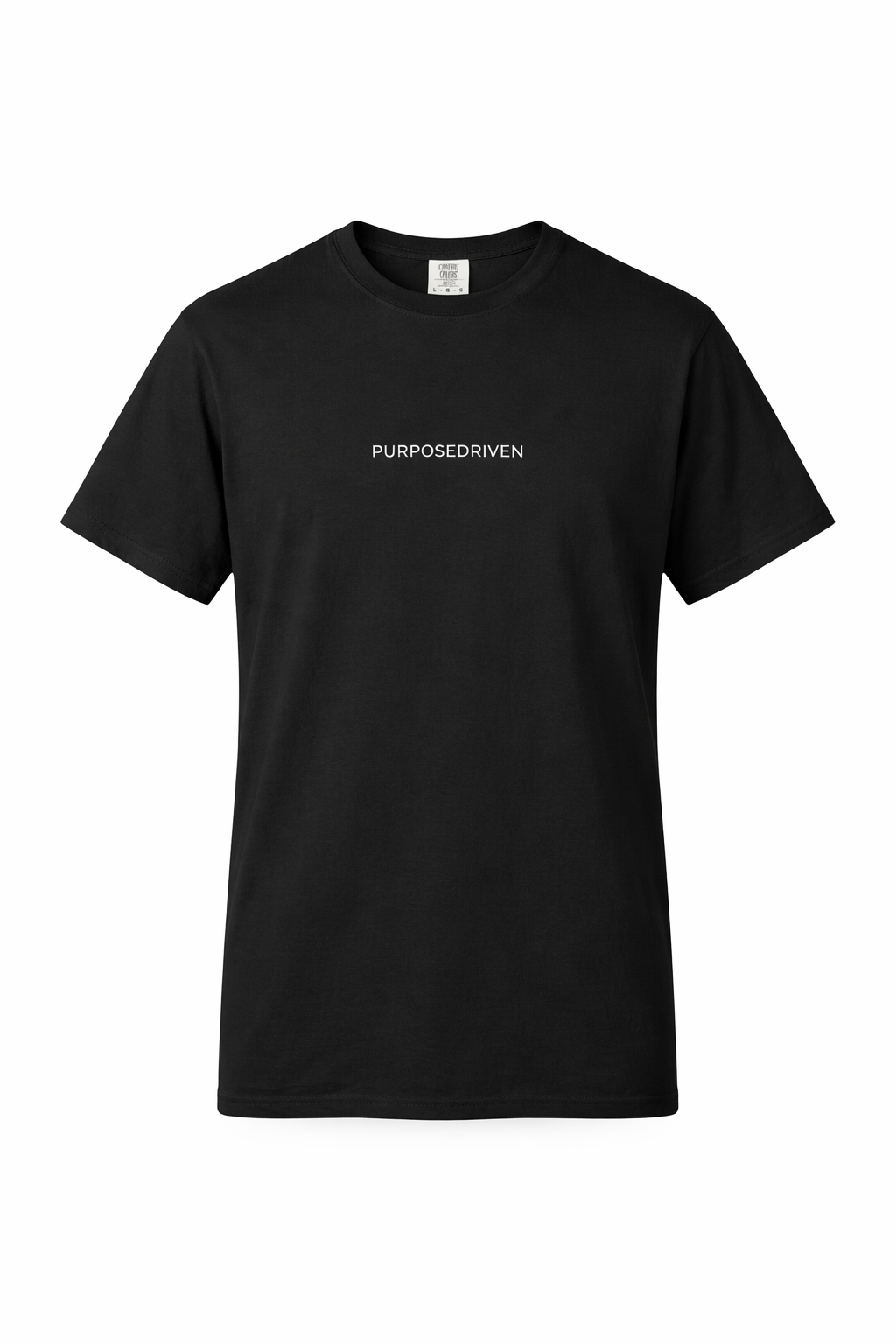 Men’s black heavyweight logo t-shirt with minimalist PurposeDriven chest print, ghost mannequin front view