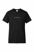 Men’s black heavyweight logo t-shirt with minimalist PurposeDriven chest print, ghost mannequin front view