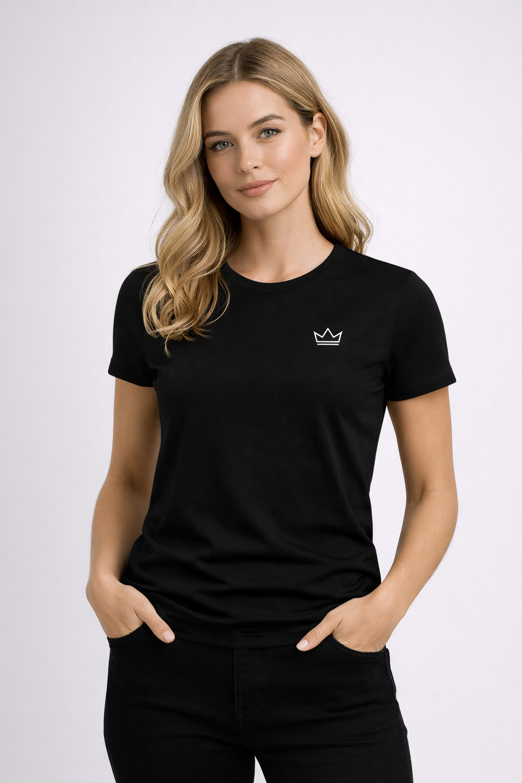 Woman wearing black minimalist streetwear t-shirt with embroidered crown logo by PurposeDriven