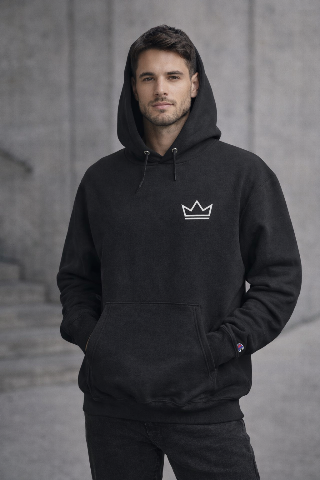 Male model wearing men's black PurposeDriven motivational crown hoodie streetwear