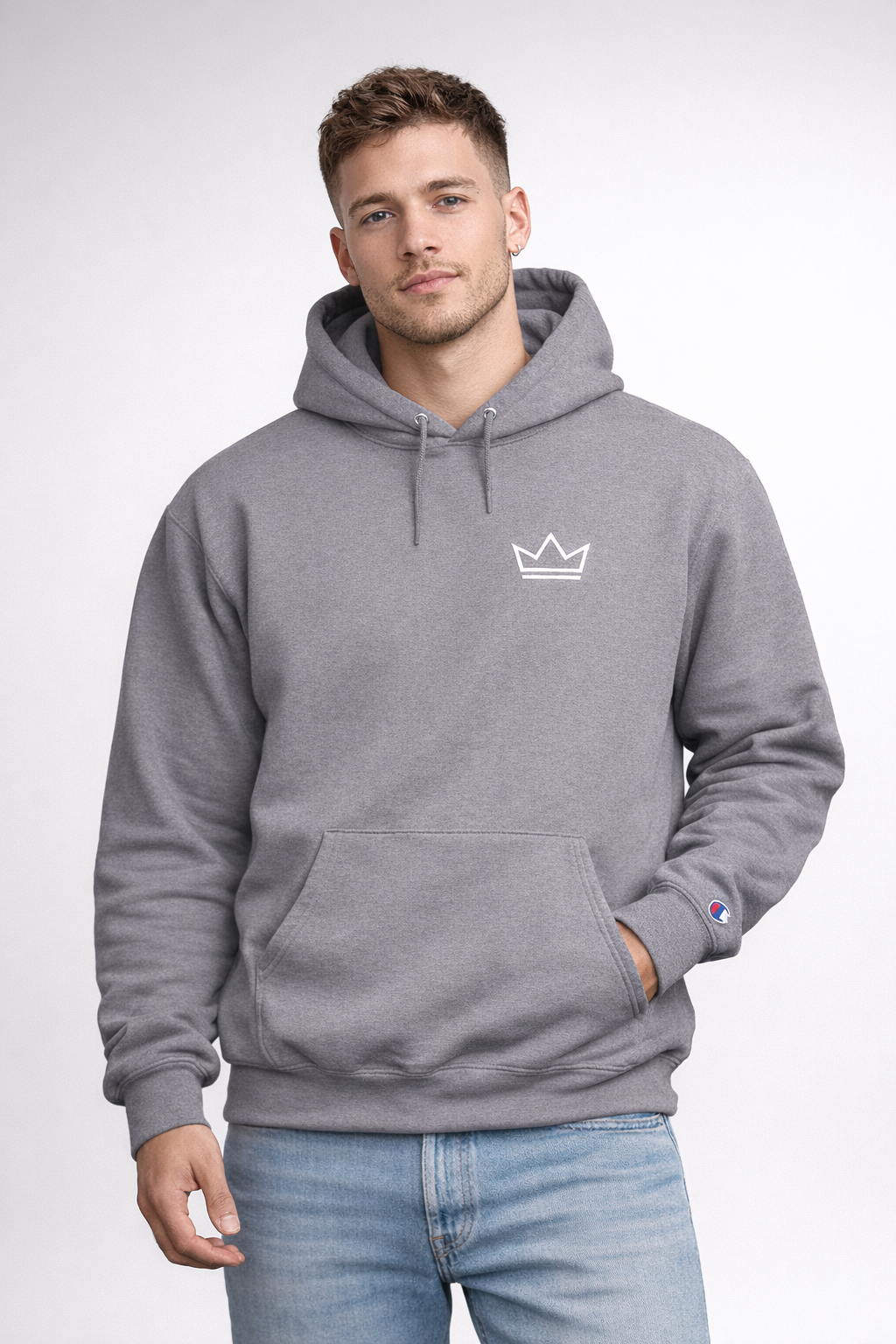 Male model wearing motivational men's grey PurposeDriven crown streetwear hoodie
