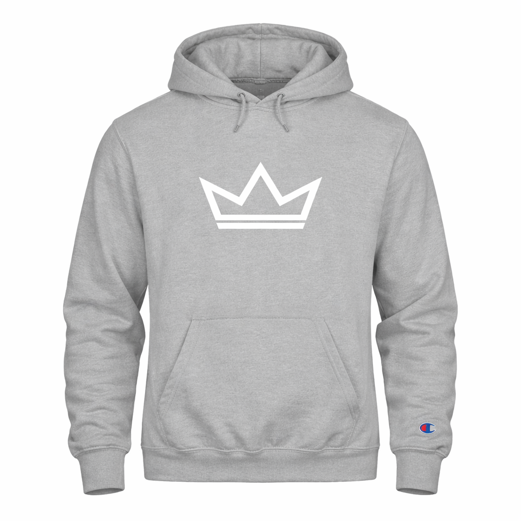 Men’s grey Champion heavyweight hoodie with Classic Crown design — PurposeDriven