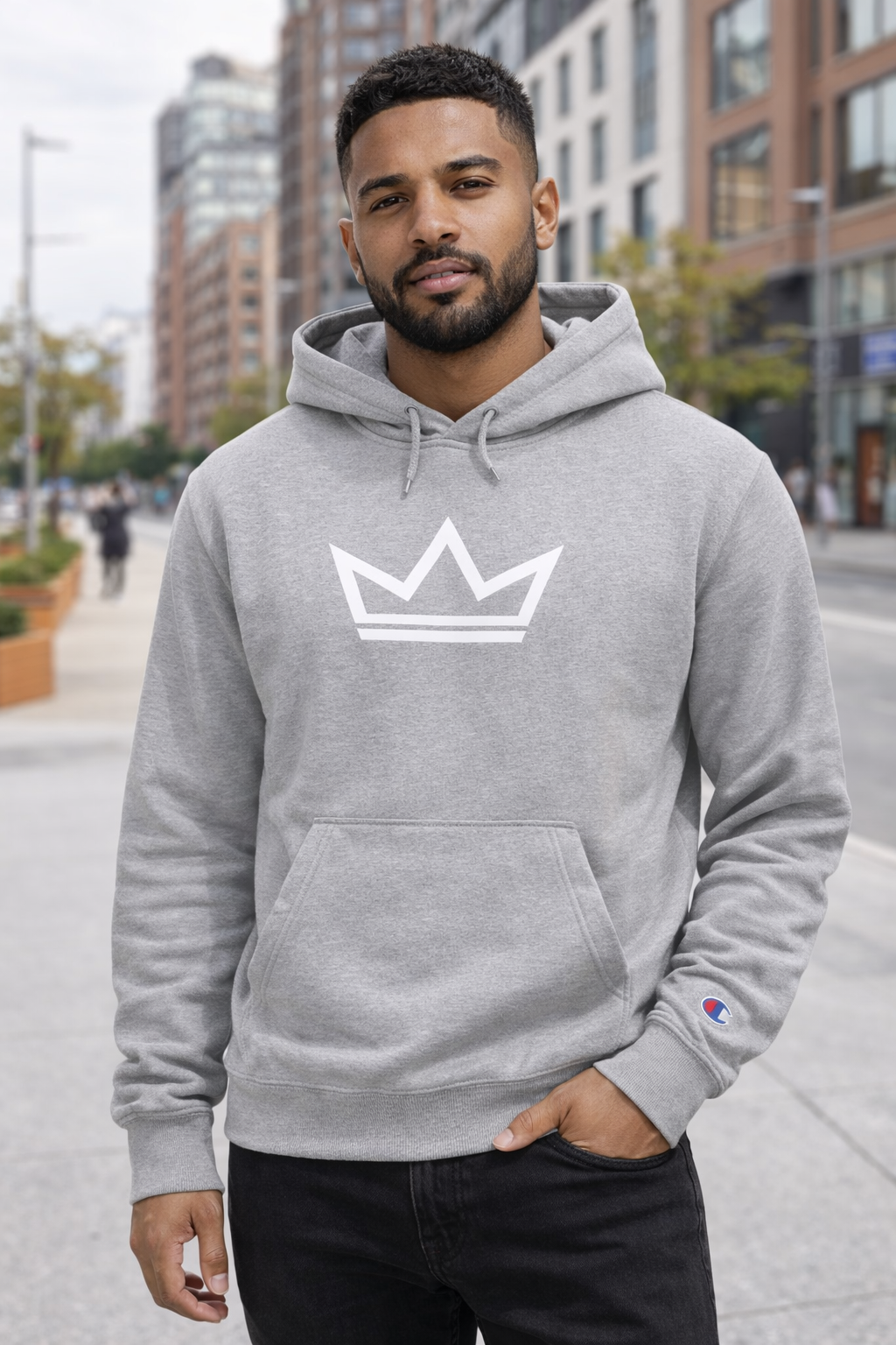 Men’s grey Champion Heavyweight Hoodie – Classic Crown by PurposeDriven
