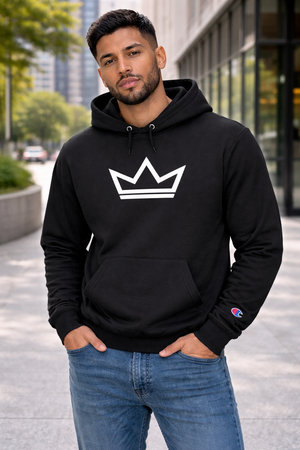 Men’s black Champion Heavyweight Hoodie – Classic Crown by PurposeDriven