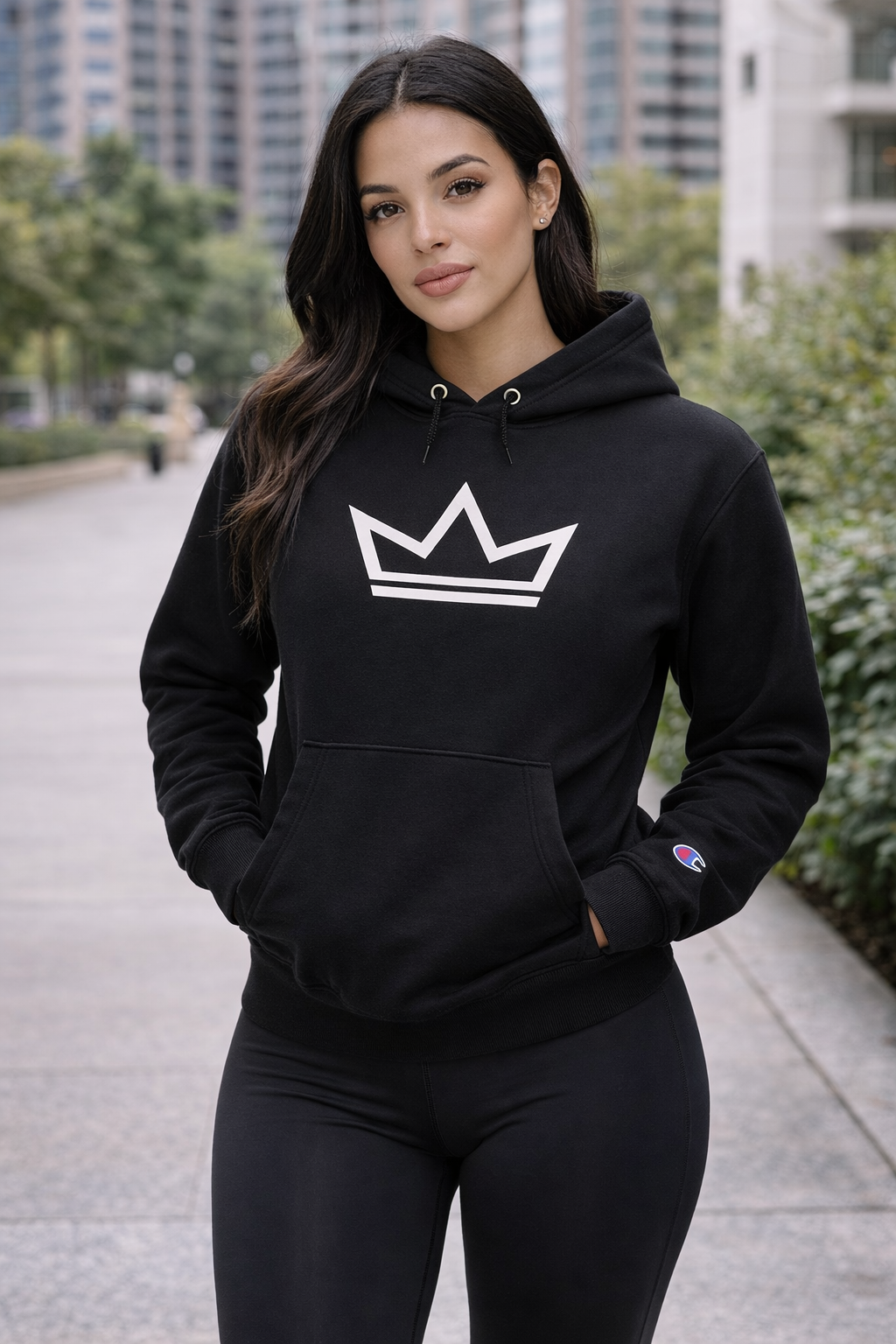 Women’s black Champion heavyweight hoodie with Signature Crown design — PurposeDriven
