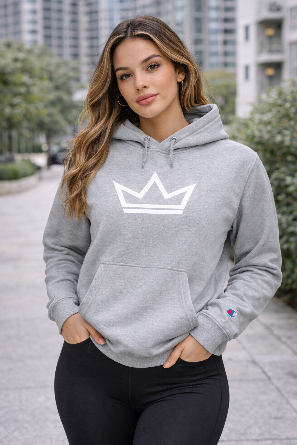 Women’s grey Champion heavyweight hoodie with Signature Crown design — PurposeDriven