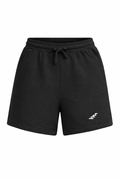 Women’s black PurposeDriven Echelon training shorts, front view, featuring a relaxed athletic fit, adjustable drawstring waistband, side pockets, and minimalist logo detail.