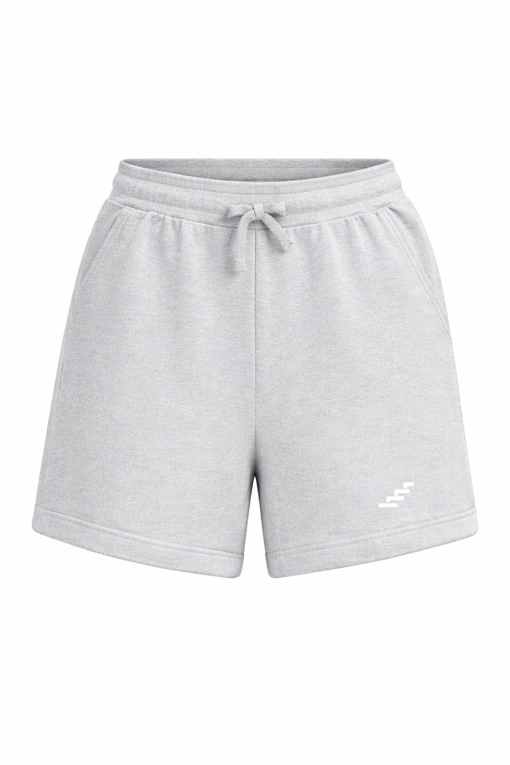 Women’s grey PurposeDriven Echelon training shorts, front view, with a relaxed athletic fit, drawstring waistband, side pockets, and subtle logo accent.