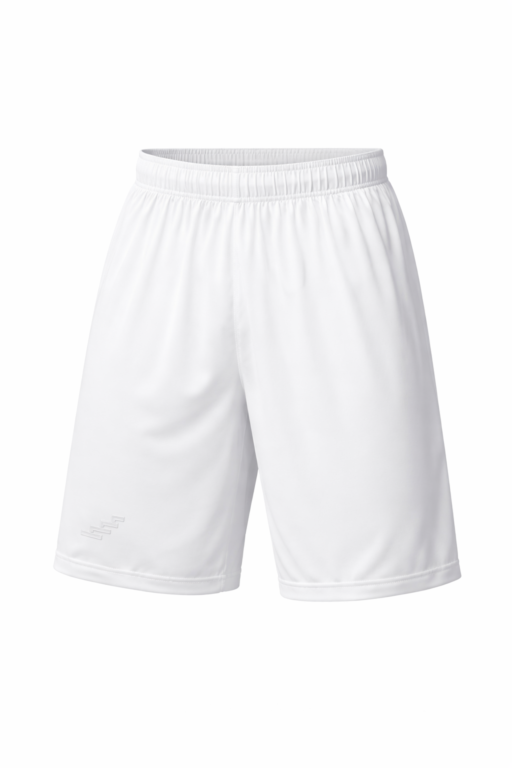 Echelon Men’s Training Shorts in white, lightweight moisture-wicking athletic shorts with elastic waistband and pocket-free design, front view.