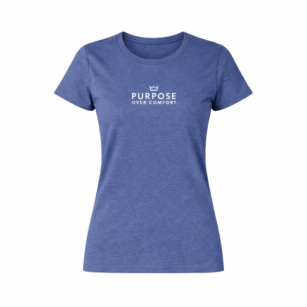 Women’s blue Purpose Over Comfort graphic t-shirt with crown logo, premium garment-dyed cotton motivational streetwear tee