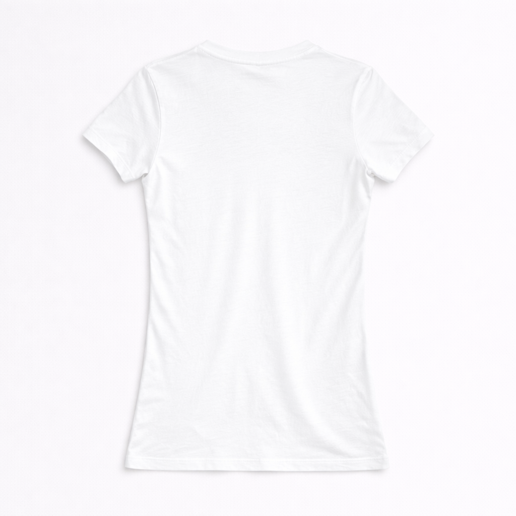 Back view of a white minimalist women’s t-shirt with a clean, fitted silhouette on a white background.