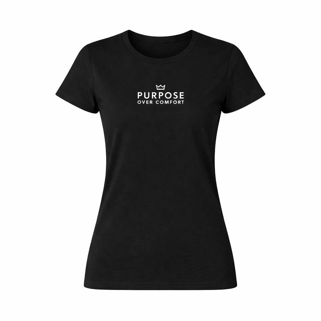 Women’s black Purpose Over Comfort graphic t-shirt with crown logo, premium garment-dyed cotton motivational streetwear tee