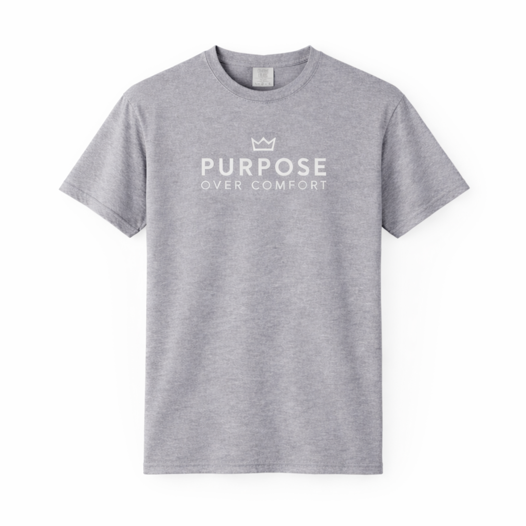 Men’s heather grey PurposeDriven™ t-shirt with crown logo and ‘Purpose Over Comfort’ text, front view on ghost mannequin.