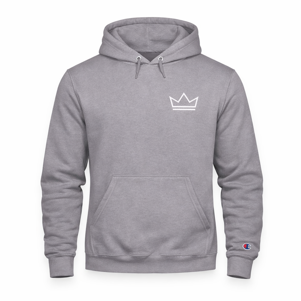 Men’s stone grey Champion heavyweight hoodie with Minimal Crown design — PurposeDriven
