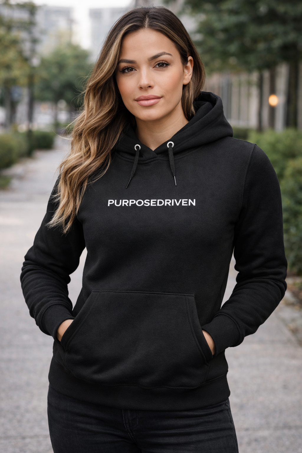 Female model wearing black PurposeDriven minimalist hoodie, premium motivational streetwear on neutral background