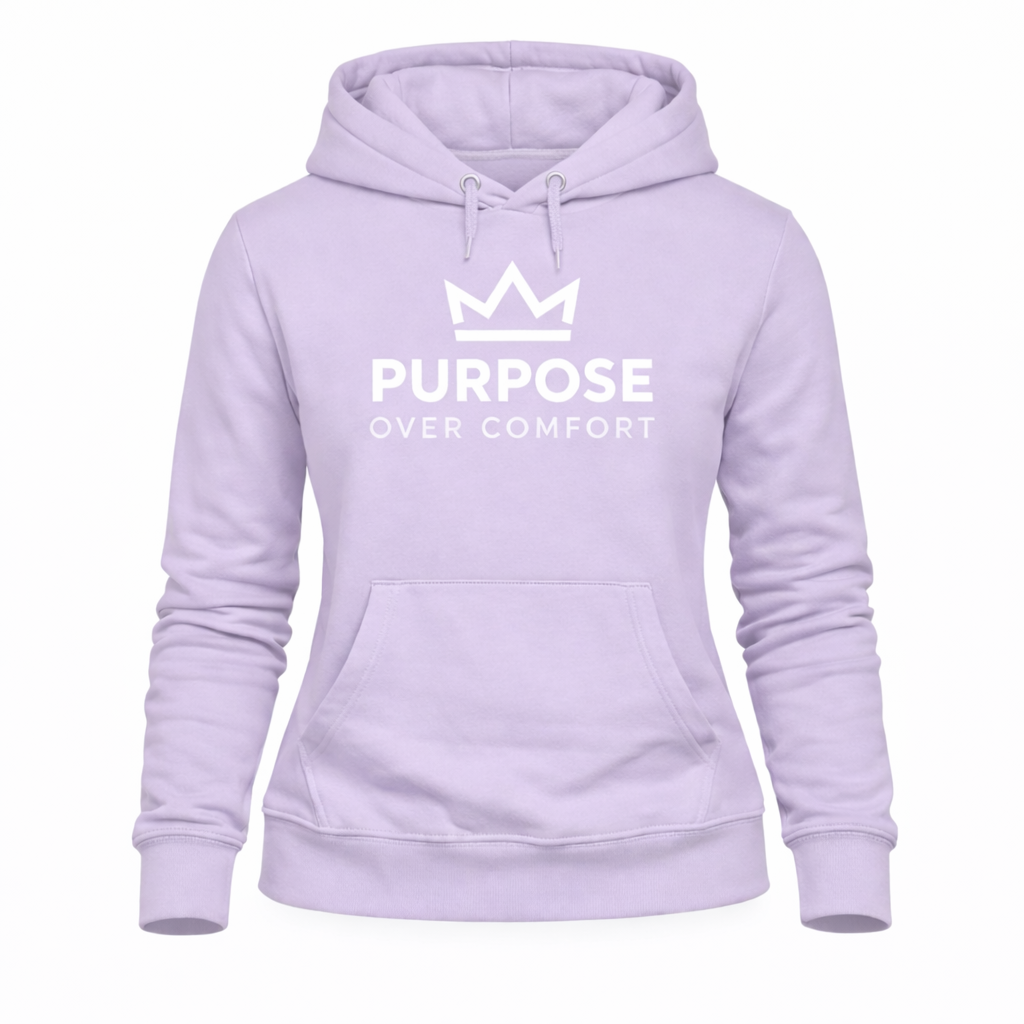 Women’s lilac Purpose Over Comfort graphic hoodie with crown logo, premium fleece motivational streetwear pullover