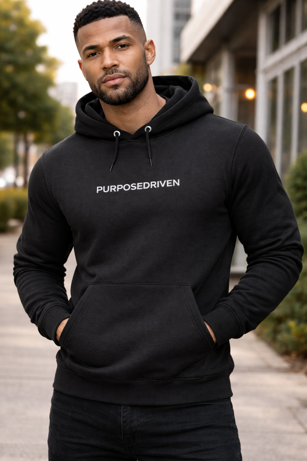 PurposeDriven minimalist black men’s hoodie worn by model in urban city setting with clean modern streetwear style