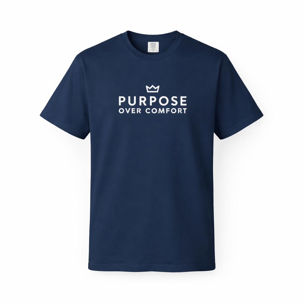 Men’s true navy PurposeDriven t-shirt with crown logo and ‘Purpose Over Comfort’ text, front view on ghost mannequin.