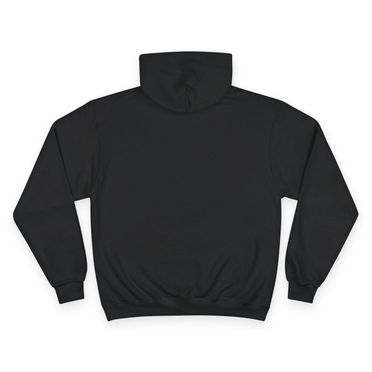 Back view of women’s black minimalist hoodie, clean motivational streetwear design on neutral background