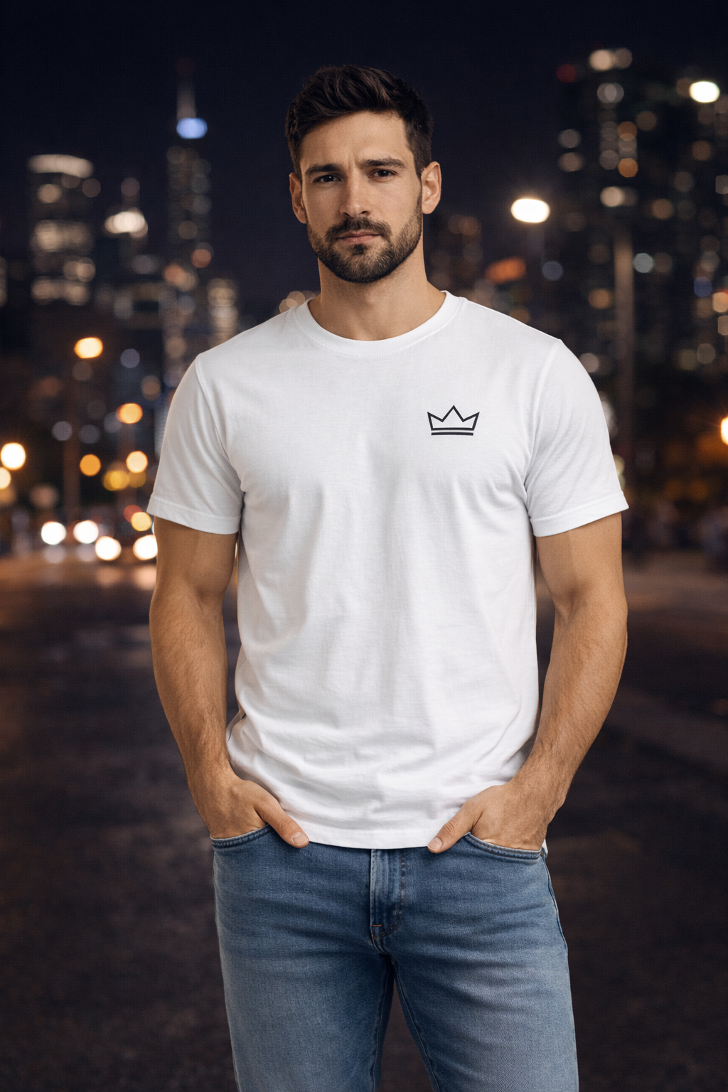 Male model wearing a white minimalist t-shirt with crown logo, centered against a nighttime city lights backdrop