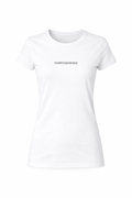 Women’s white PurposeDriven minimalist logo t-shirt on ghost mannequin, fitted short sleeve crewneck with centered black text logo on clean white background.