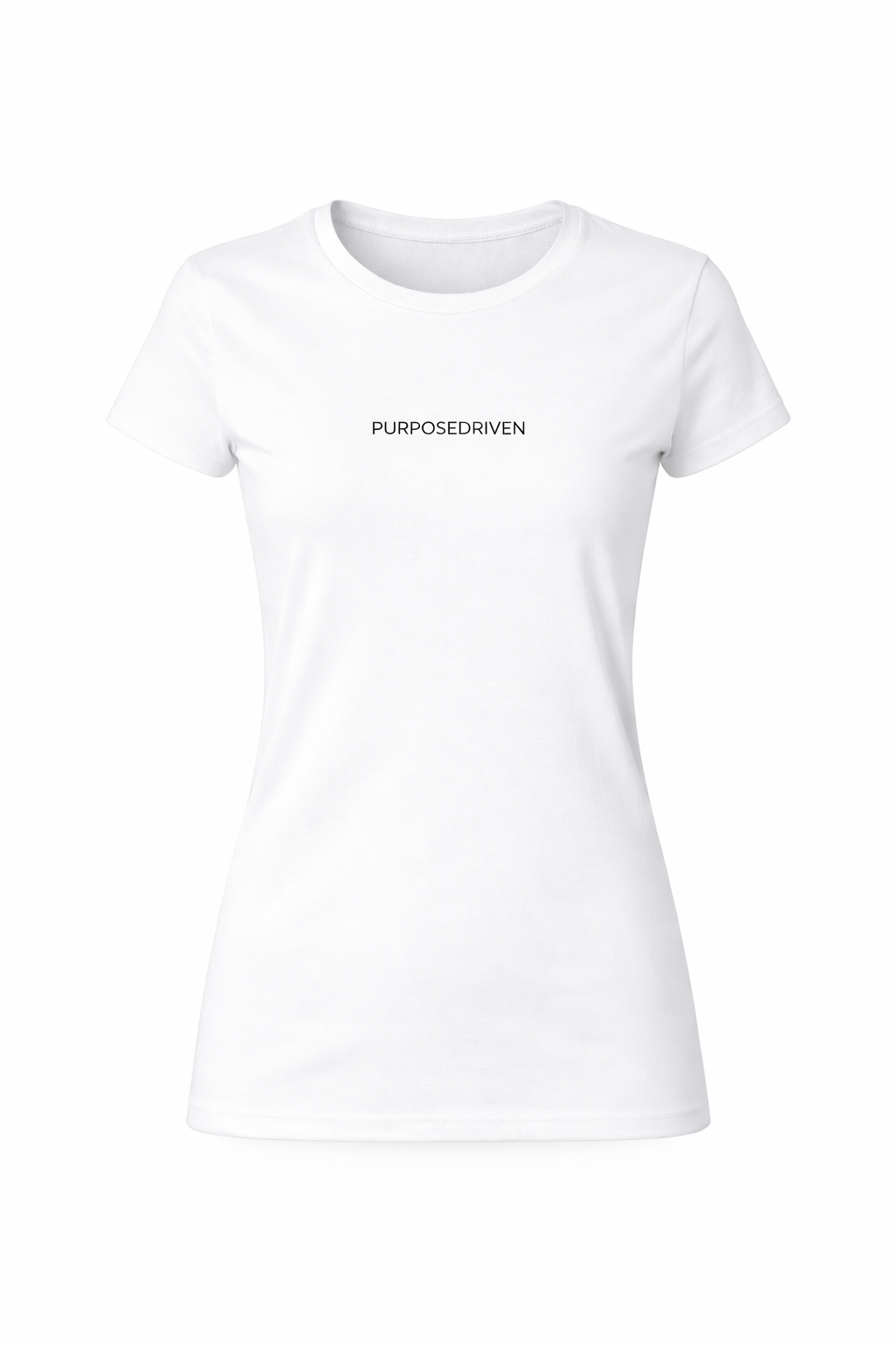 Women’s white PurposeDriven minimalist logo t-shirt on ghost mannequin, fitted short sleeve crewneck with centered black text logo on clean white background.