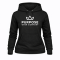 Women’s black Purpose Over Comfort graphic hoodie with crown logo, premium fleece motivational streetwear pullover