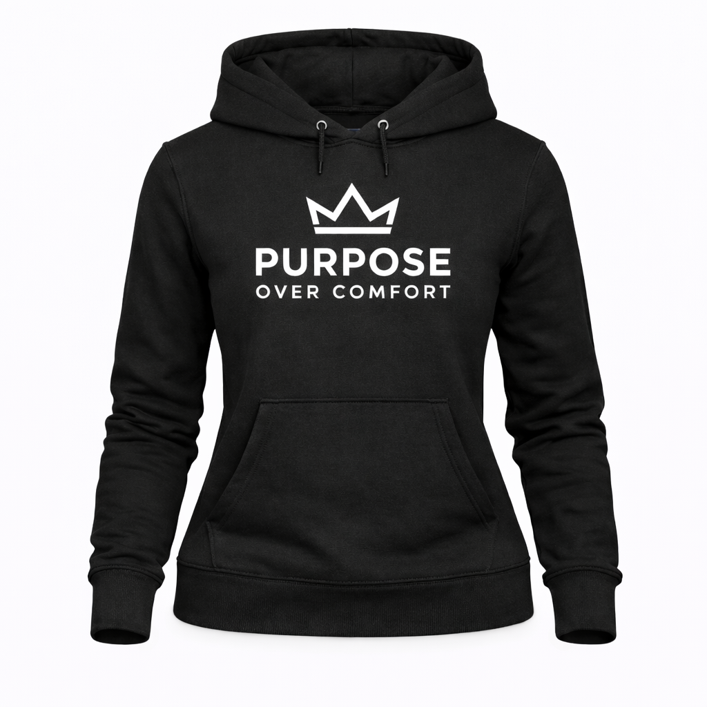 Women’s black Purpose Over Comfort graphic hoodie with crown logo, premium fleece motivational streetwear pullover