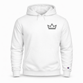 Men’s white heavyweight hoodie with minimalist black crown logo — PurposeDriven