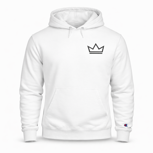 Men’s white heavyweight hoodie with minimalist black crown logo — PurposeDriven