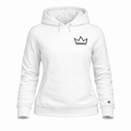 Women’s white Ascension Heavyweight Hoodie by PurposeDriven, featuring a minimalist crown logo on a premium pullover 