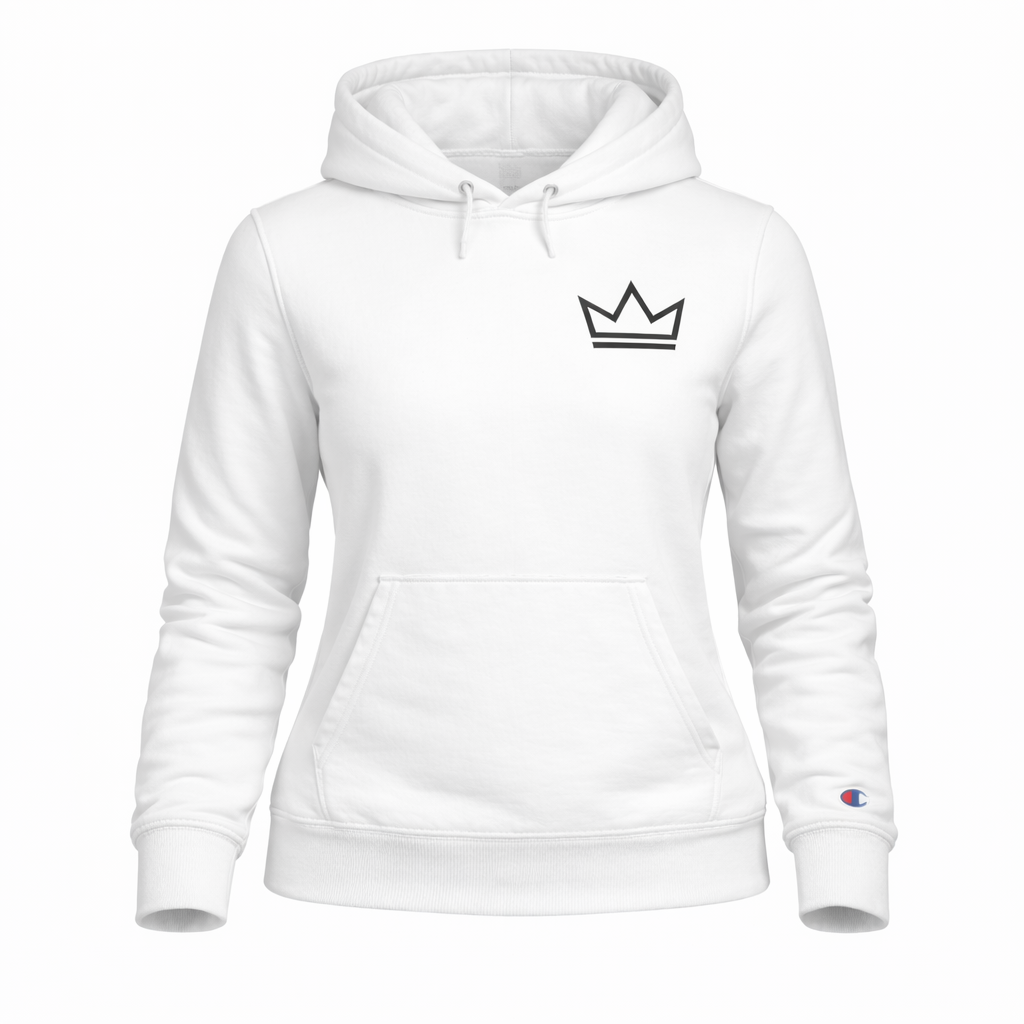 Women’s white Ascension Heavyweight Hoodie by PurposeDriven, featuring a minimalist crown logo on a premium pullover 