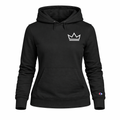 Women’s black Champion hoodie featuring a minimalist white crown logo, premium heavyweight pullover streetwear by PurposeDriven