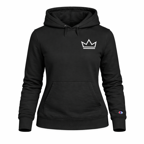 Women’s black Champion hoodie featuring a minimalist white crown logo, premium heavyweight pullover streetwear by PurposeDriven