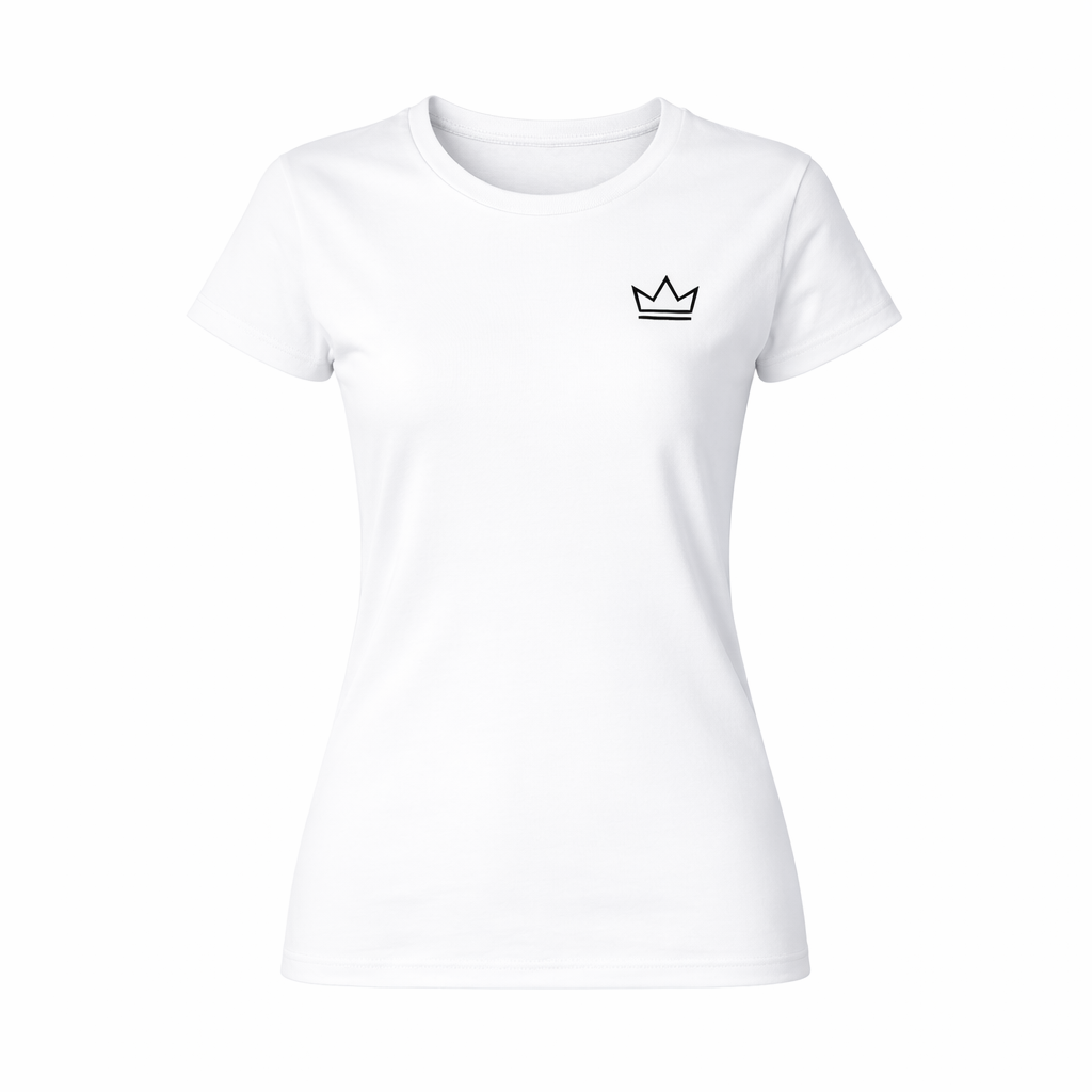 Women’s white classic-fit t-shirt on ghost mannequin with small black crown logo, premium everyday streetwear tee by PurposeDriven